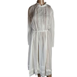 Gunne Sax White Lace 1970s White Prairie Wedding Lace Collar Satin Trim Dress